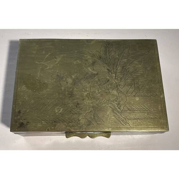 Vintage Brass Asian Jewelry Box With Art Image Old Trinket Box Antique Brass Box - Picture 11 of 12